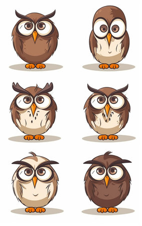 Owl icon set isolated on white background. Cute cartoon vector illustration.の素材