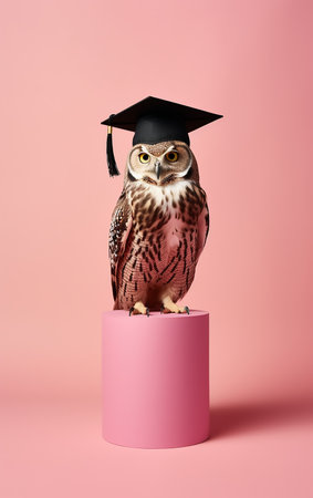 Owl with graduation cap on a pink background. education concept.の素材
