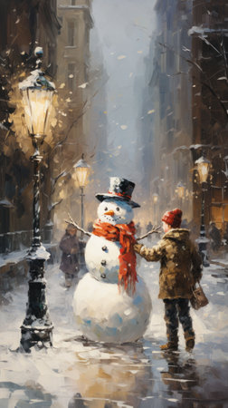 Digital painting of a snowman in the city street in winter.の素材