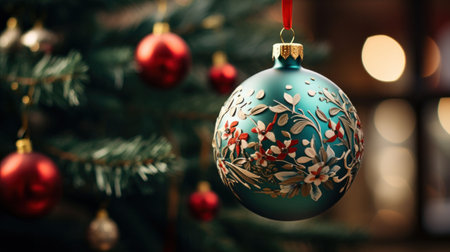 Christmas tree with red and blue baubles on bokeh backgroundの素材