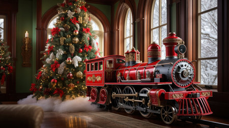 Vintage steam locomotive with Christmas tree in the background. 3D rendering.の素材