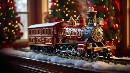 Toy train on the background of the Christmas tree. Toy train.の素材