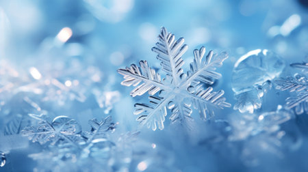 Snowflakes on blue background, macro photo with shallow depth of fieldの素材