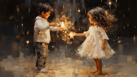 Children playing with firecrackers in the night. Digital painting.の素材