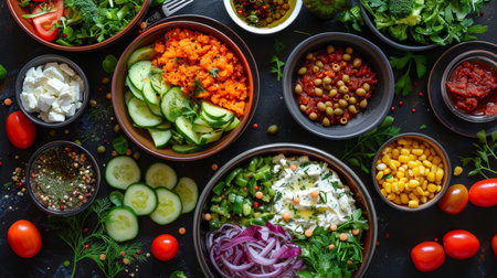 Colorful vegan meal spread with fresh ingredients for healthy eating and dining experienceの素材