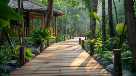 Tranquil eco-friendly resort set against a stunning backdrop of nature on a sunny, serene dayの素材