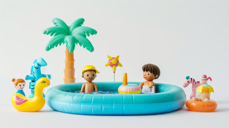 Minimalist design kids enjoying pool with inflatable toys on sunny day in bright settingの素材
