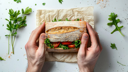 Elegant minimalistic photoreportage of hands making sandwich on white backgroundの素材