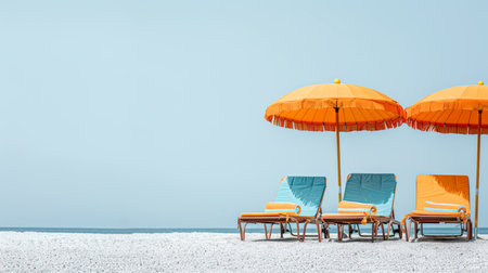 Minimalistic beach tourism bright close up of sun loungers and umbrellas on white backgroundの素材