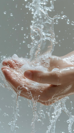 Hygiene essence minimalistic hands washing with soap under running water on white backgroundの素材