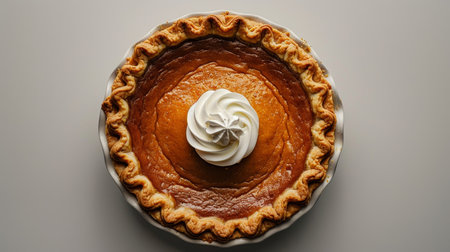 Minimalistic pumpkin pie day celebration freshly baked pie with whipped cream on white backgroundの素材