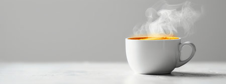 Minimalistic international coffee day photoreportage with steaming coffee cup on white backgroundの素材