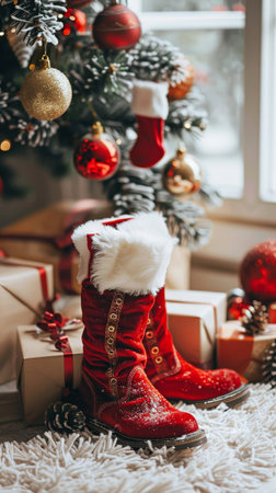 Minimalistic santa s boots photoreportage in cheerful christmas scene with gifts on white backgroundの素材