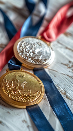 Minimalistic olympic games decorations photo reportage of bright medals on white backgroundの素材