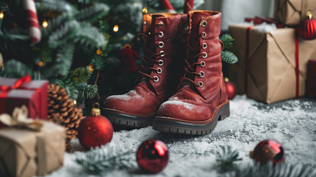 Minimalistic santa s boots photo near christmas tree, presents, and ornaments on white backgroundの素材
