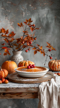 Elegant pumpkin pie day decor on white background, showcasing beautiful table with fall designの素材