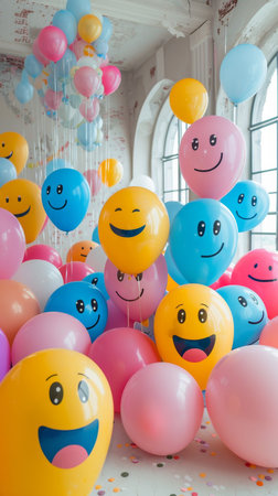 Minimalistic photoreportage of laughing day decor, bright design, room with balloons and happy facesの素材