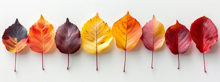 Minimalistic autumn photoreportage close up of vibrant fall leaves on white backgroundの素材