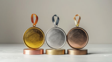Elegant olympic podium ceremony athletes receiving medals in sleek, bright design on white backdropの素材