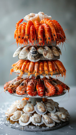 Minimalistic seafood tower with assorted shellfish on white background, close up displayの素材