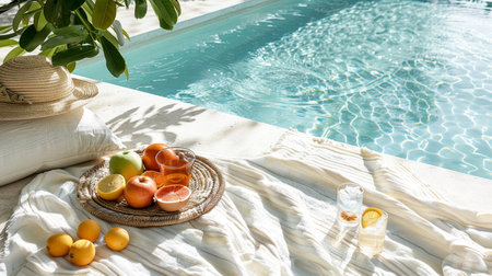 Minimalistic poolside picnic with fresh fruits and drinks on a bright white backgroundの素材