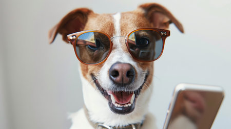 Minimalistic stylish dog selfie with sunglasses holding phone on white backgroundの素材
