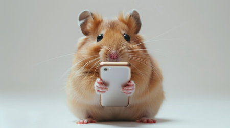 Minimalistic hamster selfie cute rodent capturing joy with tiny phone on bright white backdropの素材
