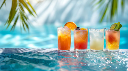Minimalistic poolside bar bright, clean setup with colorful drinks on counter, isolated on whiteの素材