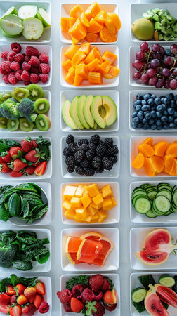 Stylish mixed fruit and veggie buffet on white background with vibrant platters and traysの素材