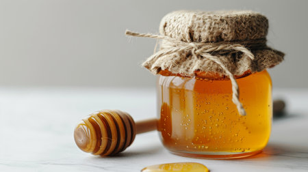 Elegant honey display with golden jar and wooden dipper on clean white backgroundの素材
