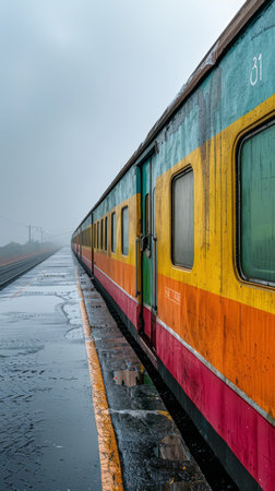 Minimalistic indian train on white background with colorful rural landscape close upの素材