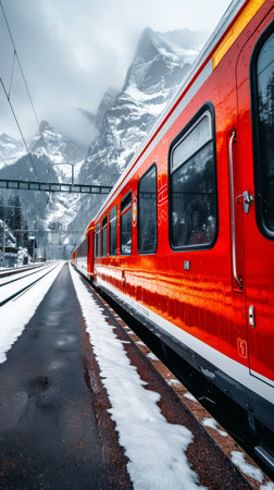 Minimalistic swiss alps train passing through bright, clean setup on white backgroundの素材