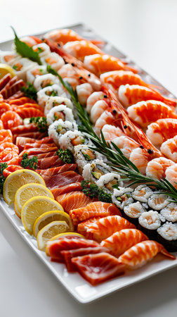 Elegant wedding seafood platter design with fresh array and garnishes on white backgroundの素材