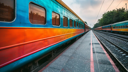Vibrant indian train in minimalistic style passing through countryside on white backgroundの素材