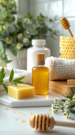 Minimalistic honey skincare products display on white background lotion, soap, lip balmの素材