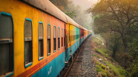 Minimalistic and colorful train from india passing through rural landscapes on white backgroundの素材