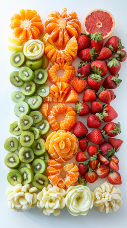 Minimalistic fruit and vegetable carving display on white background with detailed artworkの素材