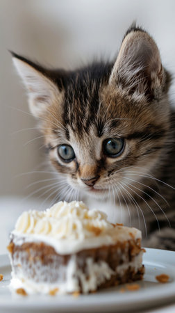 An adorable tabby kitten gazes at a chocolate cake, its curious eyes reflecting innocence and fascination. The moist cake topped with white frosting creates a tempting scene.の素材