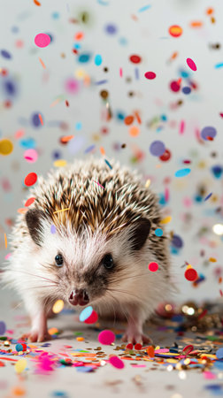 A fluffy dog stands against a vibrant confetti backdrop, gazing curiously at the camera with its adorable eyes. The scene radiates joy and warmth, capturing a happy moment.の素材