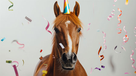 A beautiful brown horse wearing a colorful party hat stands in front of a white background with streamers falling around it. The horse looks straight at the camera with a calm expression.の素材