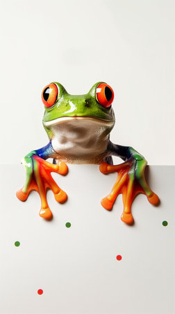A bright green frog with red eyes and orange feet is sitting on a white background. The frog is looking at the camera. The image is well-lit, and the colors are vibrant.の素材