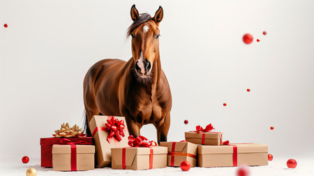 A majestic chestnut horse with a glossy coat standing elegantly amidst festive gift boxes in a winter wonderland. The soft light enhances its beauty, creating a magical holiday atmosphere.の素材