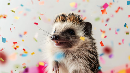 A studio shot of an adorable smiling hedgehog, looking up with joy as rainbow-colored confetti falls from above. The background is a soft pink, and the focus is on the happy little critter.の素材