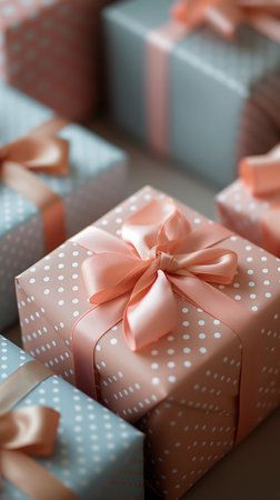 Exquisitely wrapped presents featuring charming polka dots and luxurious satin ribbons, perfect for creating a lasting impression and turning any occasion into a cherished memory.の素材