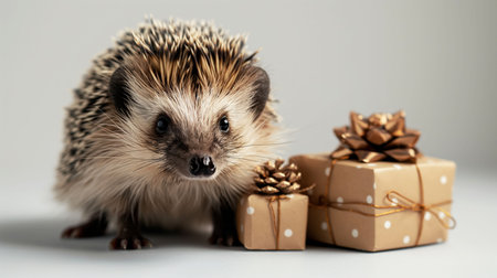 A hedgehog with prickly quills next to a gift box wrapped in brown paper and a shiny gold ribbon. Hedgehogs are small mammals known for their spiky appearance and friendly nature.の素材