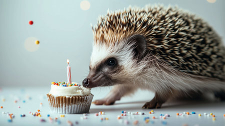 A curious hedgehog sniffs a cupcake with a candle on a sprinkle-covered table, with confetti falling in the background. Perfect for birthday cards or children's books.の素材