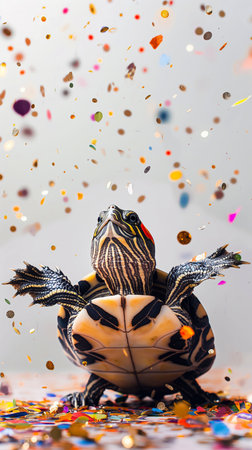 A whimsical turtle on hind legs with colorful confetti in blue, green, yellow, orange, pink. Turtle facing camera with wide-eyed look, creating a playful and colorful scene.の素材