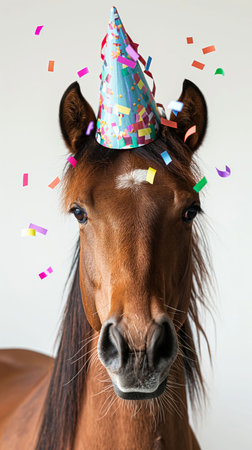 A charming brown horse wearing a colorful party hat with blue, green, yellow, and red streamers. The lively scene is filled with bright confetti, creating a playful and joyful atmosphere.の素材