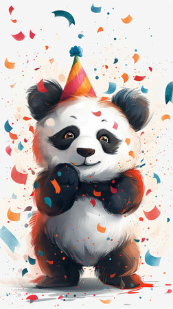 An adorable illustration of a giant panda wearing a colorful party hat with confetti falling all around. Perfect for childrens book illustrations, birthday cards, and party invitations.の素材