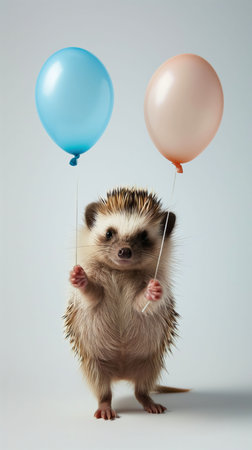 This delightful illustration showcases a cheerful hedgehog holding two vibrant balloons. The design is perfect for birthday celebrations and adds a touch of whimsy to any project.の素材